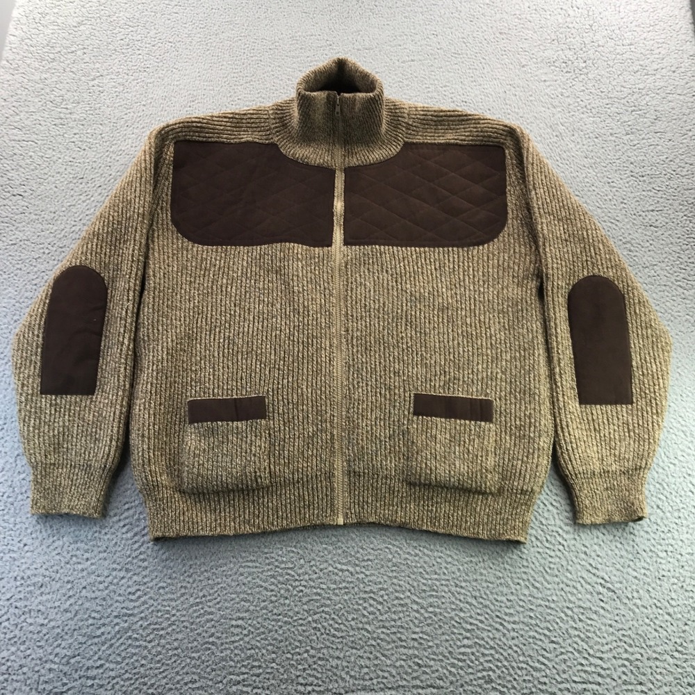 Harley of Scotland Sweater Mens XXL 2XL Brown Oatmeal Elbow Patch Zip 100% Wool